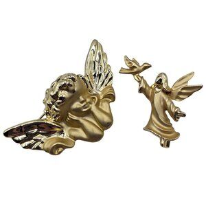 VTG Brooch 2PC Gold Tone Angel Cherub Gigi Giusti White Dove Bird Religious Pins